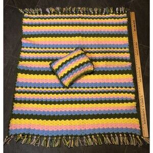 Vintage Child Size Crochet Blanket and Pillow Handmade Green Pink Yellow Blue